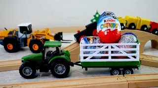 Игрушечный транспорт и Киндер Сюрпризы. Паровоз. Трактор. Погрузчик