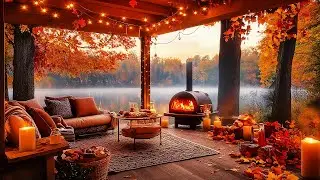 Warm Fall Porch Vibes | Jazz Tunes and Fireplace Sounds in a Cozy Cabin 🍂