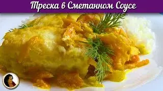 Cod in sour cream sauce. Fried cod with vegetables under the sauce of sour cream
