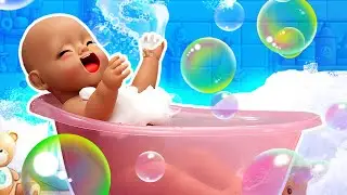 Baby dolls play with bubbles in the bathroom at the dollhouse. Pretend to play with toys.