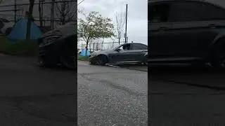 2 min straight of BMW M cars leaving the parking lot. skids pops burbles