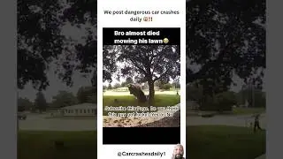 A man using a lawnmower to mow his front yard nearly gets hit by an out-of-control car #shorts #wow