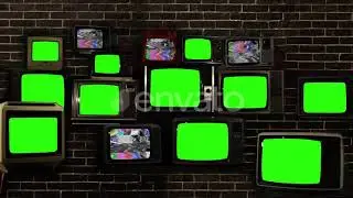 Old Televisions Turning On Green Screen on Wall. / Videohive, Stock footage, Technology