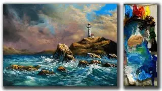 Acrylic Landscape Painting In Time-lapse | Lighthouse Seascape Acrylic Painting
