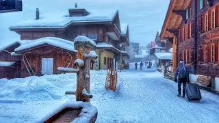 Snowfall in Switzerland countryside - Relaxing snowy walk in most beautiful Swiss villages