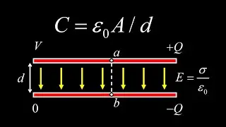 Introduction to capacitance, parallel plate capacitor derivation of C=epsilon_0*A/d, and example.