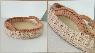 Knitted yarn tray. Basket with handles made of yarn with a wooden bottom. Large basket of yarn