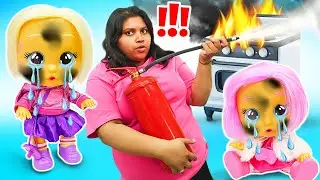Baby dolls put out a fire in the kitchen. Kids pretend to play with toys. Baby doll video for kids.
