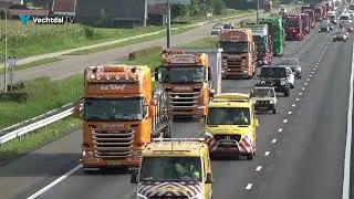Konvooi met honderden trucks via A28 onderweg naar het Truckstar Festival