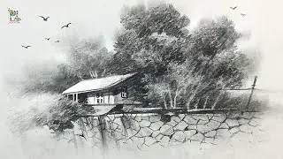 How to draw house surrounding with Trees || Easy Pencil Shading