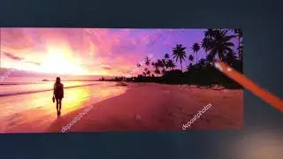 Простой пейзаж.Тропический закат нарисовать акрил+масло