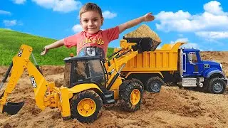 Excavator JCB and Dump Truck Mack working - Funny Stories for Kids | Toys 2 Boys