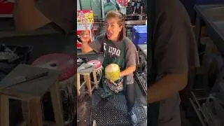 Funny Thai Lady Sells Sweet Coconut At Local Market