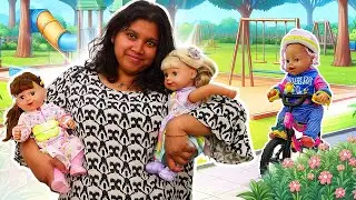 Baby dolls go for a walk in the park & playground for kids. Funny dolls' adventures & toys for kids.