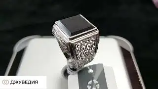 ДЖУВЕДИЯ Кольцо-печатка Мужское гладкое с натуральным черным агатом Серебро 925 Артикул КМ-334_1