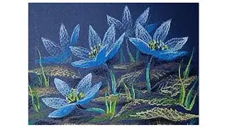 Как нарисовать нежно-голубые цветы на синей бумаге.💮💙💮