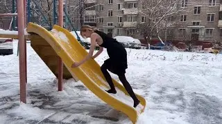 Goosebumps, barefoot on snow, snow walking, summer dress in snow, girl have fun with snow