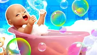 Baby doll plays with bath toys & bubbles in a toy pink bathtub. Bathroom for baby dolls. Toy videos.