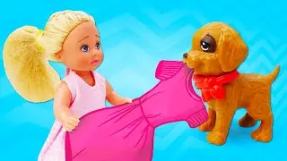 Evi lleva a casa un cachorro para Barbie. Juegos con Barbie y otras muñecas. Vídeos para niñas