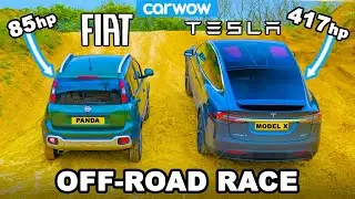 Tesla Model X v Fiat Panda Cross: UP-HILL DRAG RACE & which is best OFF-ROAD!