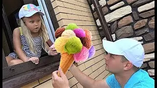 Alice  play in playhouse with plastic ice cream
