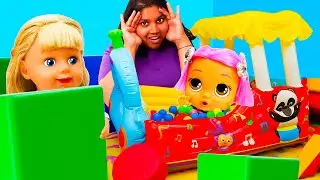 Baby doll can't sleep! Baby dolls play hide and seek in the ball pit. Funny stories for kids.