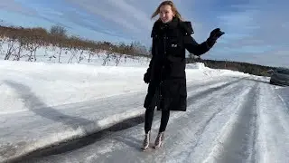 Slips, slippery shoes, slippery high heels, slippery road, girl falls, open toes, transparent boots