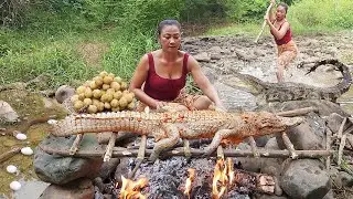 Crocodile spices grilled for survival food, Egg burned and Eel hot chili roasted Delicious food