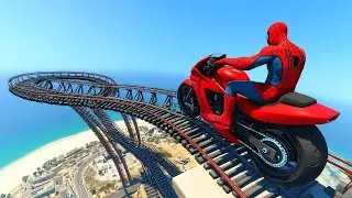 الأبطال الخارقين على القضبان دوامة قمع جسر 🕷️🏍️ RAINBOW SPIDER MAN! on Motorcycle in Spiral Bridge