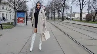Granate styling walking in public, waiting on tram, #Vienna, short coat,minidress, thigh high boots