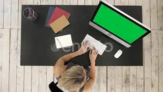 Young Woman Working at Her Office Desk with Computer. Green Screen Mock-up Display | Stock Foota...