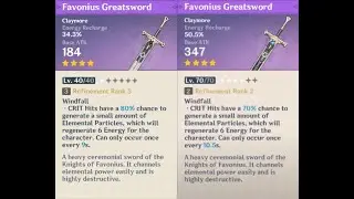 Favonius Greatsword weapon appearance base vs. ascended in Genshin Impact