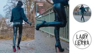 WALKING IN LEATHER LEGGINGS AND LEATHER OVERKNEE HIGH HEELS BOOTS