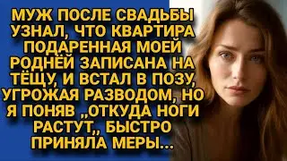 Узнав после свадьбы, что подаренная квартира на тёще, муж пригрозил разводом, но...
