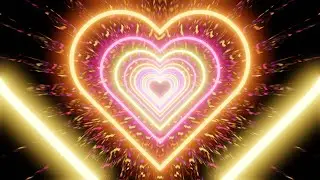 Neon Tunnel of Pink and Yellow Hearts on a Mirrored Black Background. 4K Video Loop