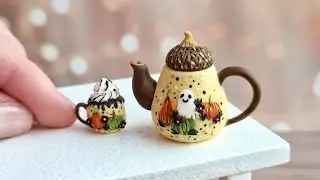 Miniature teapot and cup with a ghost for Halloween🤎👻🤎Polymer clay