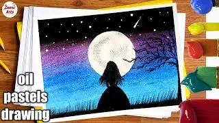 Easy Oil Pastel Drawing for Beginners - A Girl in Moonlight - Step by Step