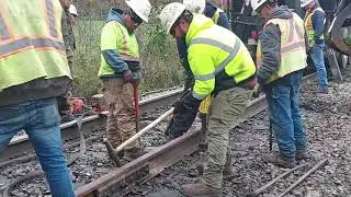 Track Gang at Work Replacing Rail and Ties