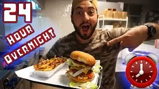 (CAUGHT) 24 HOUR OVERNIGHT CHALLENGE AT BURGER STORE! SNEAKING INTO STORE! CRAZY SATISFYING BURGER!!