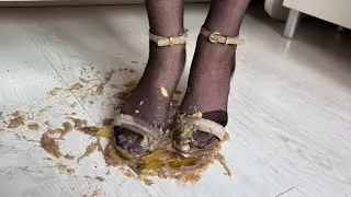 Crush banana, high heeled sandals, dirty stockings, dirty high heels, play with banana, shoeplay