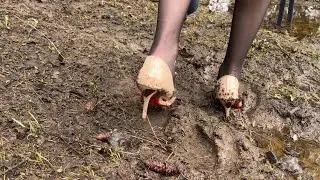 Dirty shoes, messy shoes, crush high heels, abuse shoes, girl in mud, muddy challenge, walk on mud