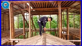 the process of installing a big bamboo house on a wonderful mountain