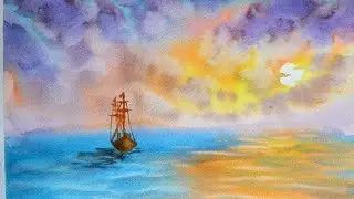 Кораблик и море,  быстрая картина акварелью...