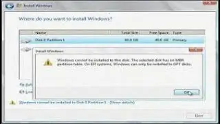 Windows can not be installed to this disk, change MBR into GPT partition table (Error FIxed)