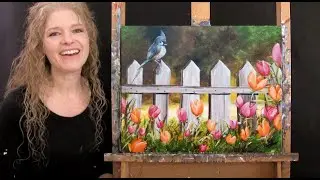 Learn How to Paint TITMOUSE AND TULIPS with Acrylic - Paint and Sip at Home - Step by Step Tutorial