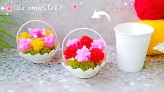 It's so Beautiful 💖☀️ Super Easy Basket of Flowers Craft Idea with Paper Cup and Yarn - DIY Crafts