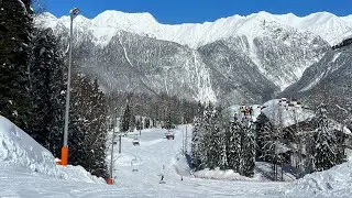 Спуск по синим трассам D1 и B1.  Газпром, склон Лаура (Красная Поляна, Сочи)