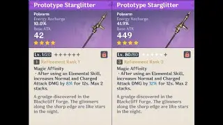 Prototype Starglitter (Prototype Grudge) weapon appearance base vs. ascended in Genshin Impact