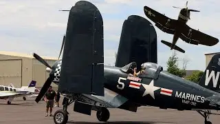 1948 F4U-5 Corsair Start, Wing Unfold, Takeoff, Flyby, & Flyover