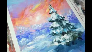 Как нарисовать  зимний пейзаж с ёлкой шпателем. Картина маслом.